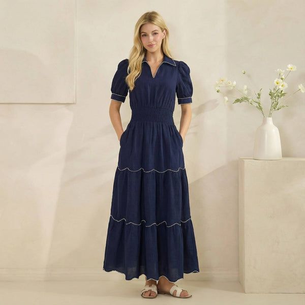 Collared neckline, puff sleeves, smocked waist, and scallope: Navy / S - Lulu Bella Boutique