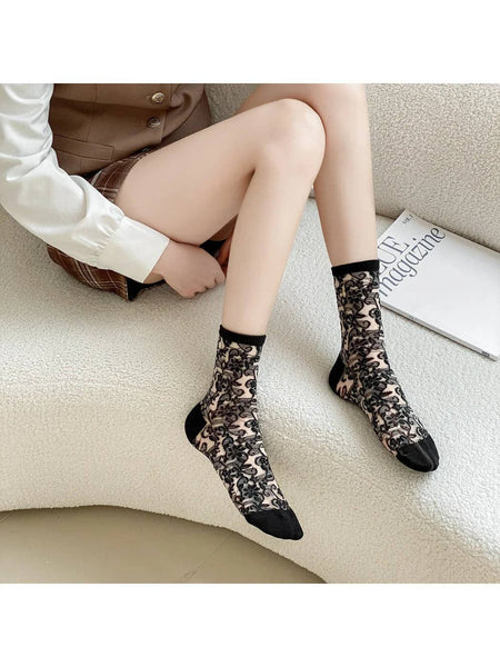Vintage Floral Sheer Crew Socks: Black