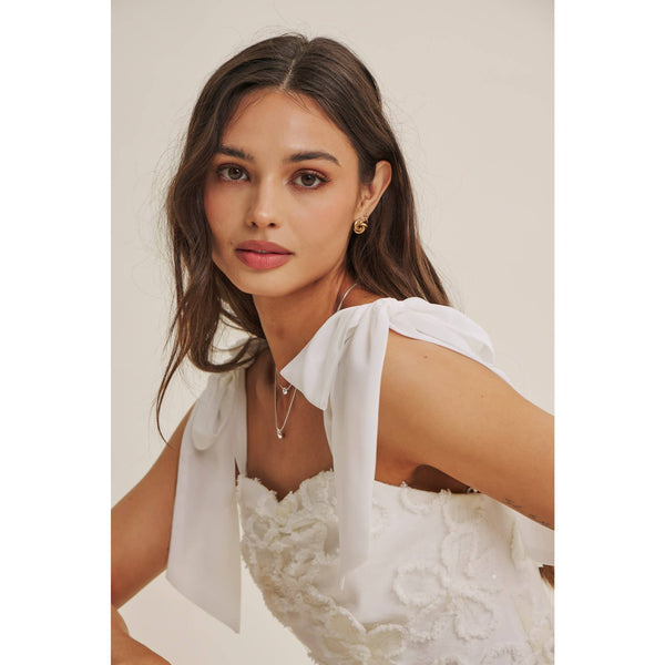 PARIS EVENING LACE FLORAL EMBROIDERY MINI WITH SHOULDER TIE: CREAM / S - Lulu Bella Boutique