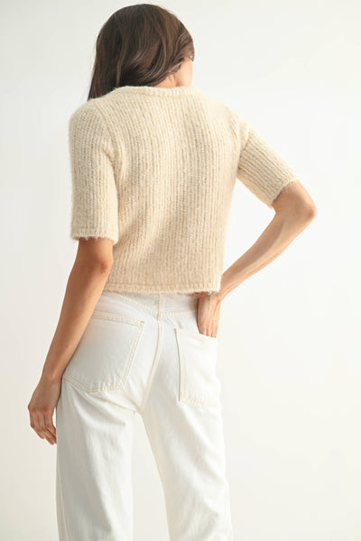 KNIT CARDIGAN WITH CHIFFON BOW - SAND