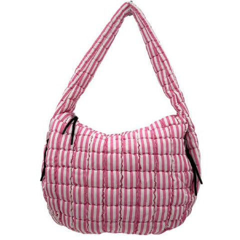 Striped Puffer Quilted Handbag Pink/White