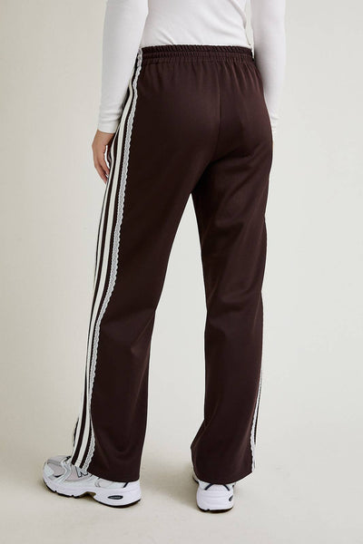 MID RISE SIDE STRIPE & LACE TRIM DETAIL TRACK PANTS: BROWN-WHITE - Lulu Bella Boutique