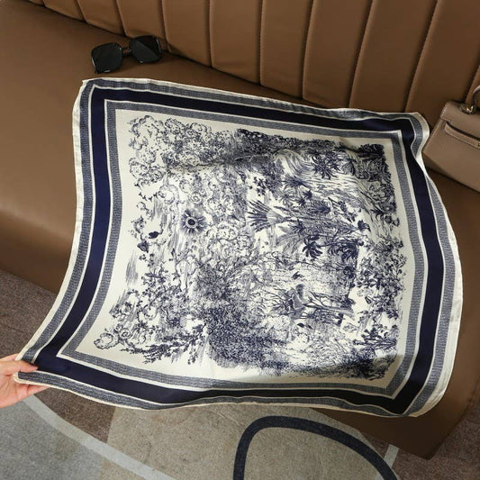 LARGE FLORAL TOILE PRINT BANDANA SCARF: NAVY