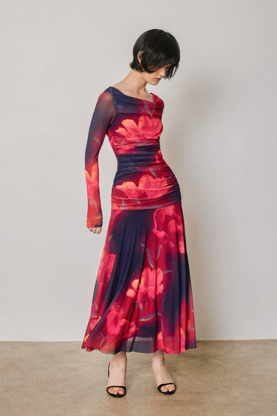 Floral Mesh Ruched Maxi Dress: PLUM ROSE