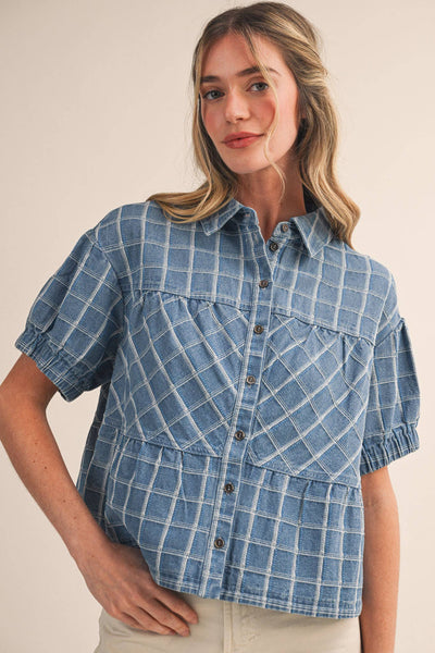 CHECKERED DENIM BUTTON DOWN TOP MTP4657: LIGHT DENIMBLUE / S - Lulu Bella Boutique