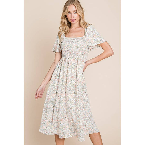 Floral Print Square Neck Smocked Midi Dress: Cream - Lulu Bella Boutique