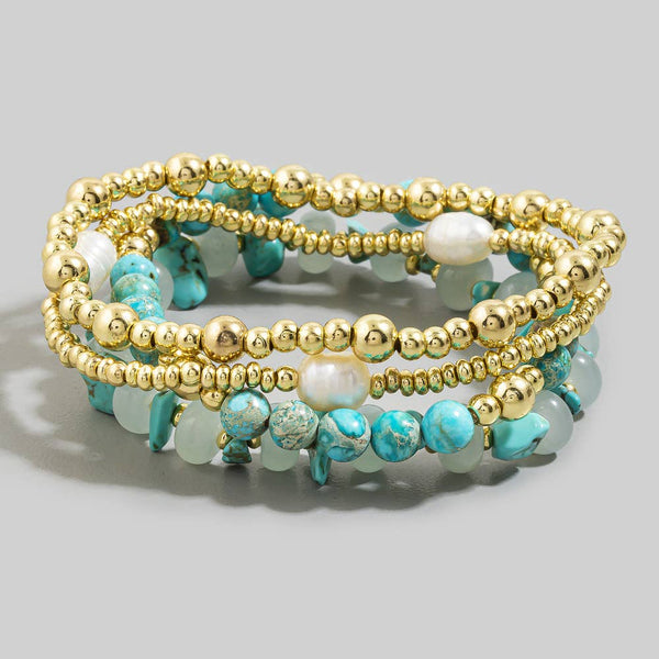 Agate Semi Precious Stone Gold Bead Bracelet Set
