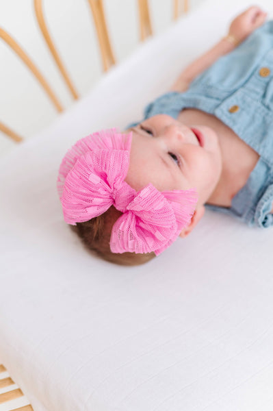 Baby Bling® Tulle FAB® Skinny nylon headband with tulle bow: Pleated Coral - Lulu Bella Boutique