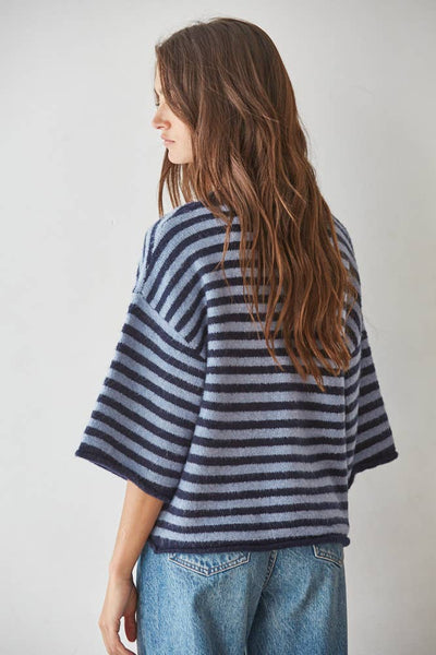 Knit Sweater Striped Quarter Sleeve Cardigan : Navy Blue