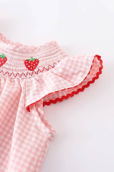 Baby Girls Strawberry Embroidered Plaid Smocked Dress: 5 - Lulu Bella Boutique