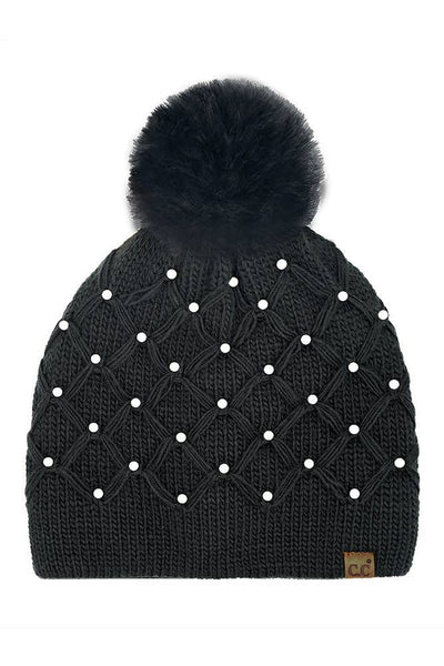 C.C Allover Pearl Crochet Pom Beanie: Rose