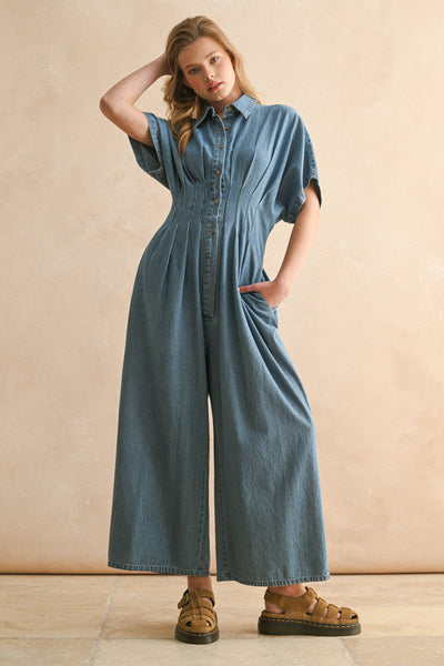 JU5542   CHAMBRAY DENIM BUTTON DOWN JUMPSUIT: DENIM / S - Lulu Bella Boutique