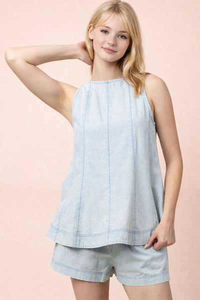 VJT80091SET-VERY JEAN Washed Denim Swing Top & Shorts Set: LT INDIGO / S-M-L/2-2-2 - Lulu Bella Boutique