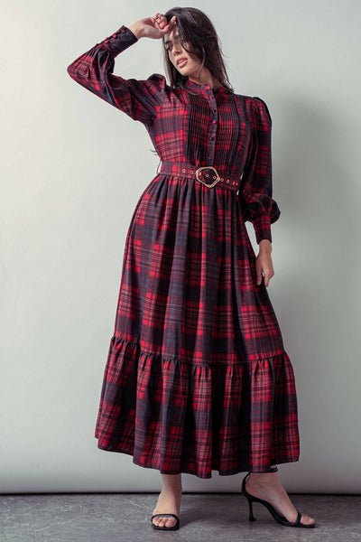 Plaid Belted Layered Button Down Balloon Sleeve Maxi Dress - Lulu Bella Boutique
