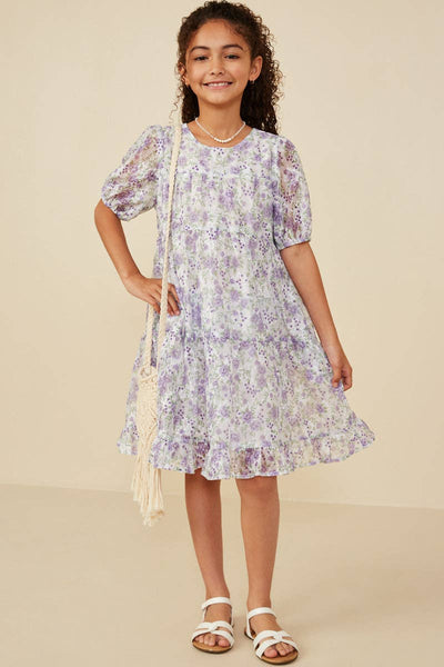 Girls Floral Printed Mesh Puff Sleeve Tiered Dress: Lavender