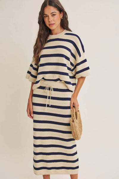 WEEKEND IN CANNES SOFT DRAPE COTTON STRIPE SET: NATURAL/NAVY
