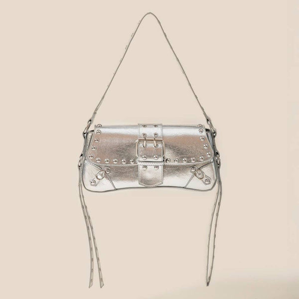 Glossy Leather Rivet Trim Shoulder Bag: SBK
