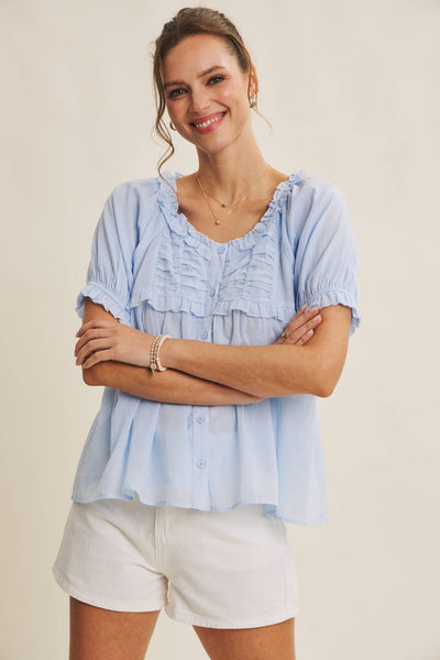 EFFORTLESS YET ELEVATED DELICATE RUFFLE AIRY COTTON BLOUSE: IRISH BLUE / S - Lulu Bella Boutique