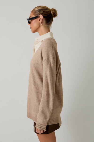 LONG SLEEVE SHIRT COLLAR LAYERED PULL OVER SWEATER TOP: OATMEAL / S - Lulu Bella Boutique