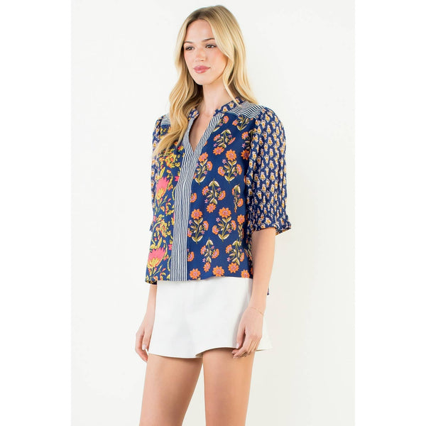 Short Sleeve Floral Detailed Top: BLUE / XS-S-M-L(1-2-2-1) - Lulu Bella Boutique