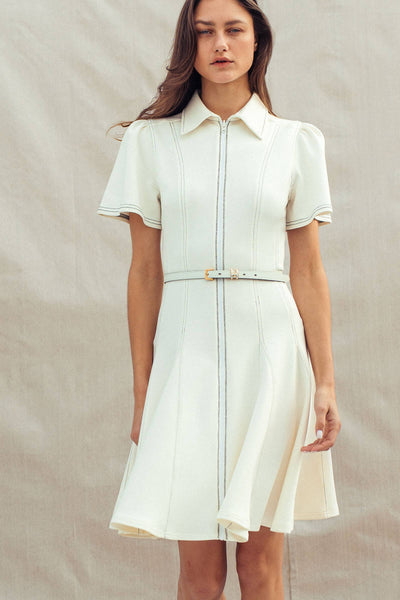 Contrast Stitch Zip Front Knit Mini Dress Belted: IVORY / S-M-L:2-2-2 - Lulu Bella Boutique