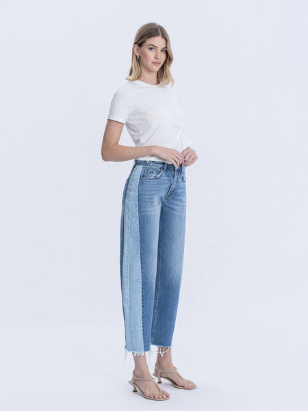 HIGH RISE TWO TONE BARREL LEG JEANS F6041: BLUE MEMOIR / 28 - Lulu Bella Boutique