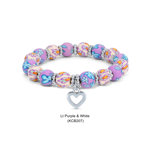 Kids Clay Beaded Stretch Charm Bracelets : Navy & White Floral+white star charm (KCB215G) - Lulu Bella Boutique