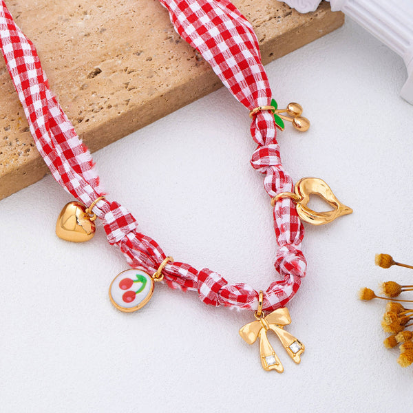 Red Gingham Scarf Charm Necklace | 80N93086: Gold - Lulu Bella Boutique