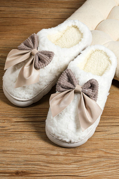 Bowknot Applique Plush Winter Slippers | US6-9.5: Khaki / Standard / US8 (CN39)