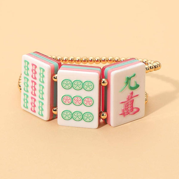 Mahjong Tile Beaded Stretch Bracelet: Gold,Multi