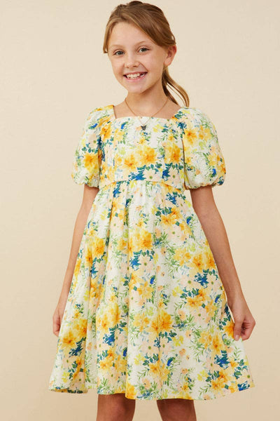 Girls Garden Floral Print Puff Sleeve Dress: Yellow / S - Lulu Bella Boutique