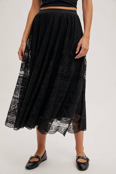 BOHO LACE MIDI SKIRT WITH LINING: Black