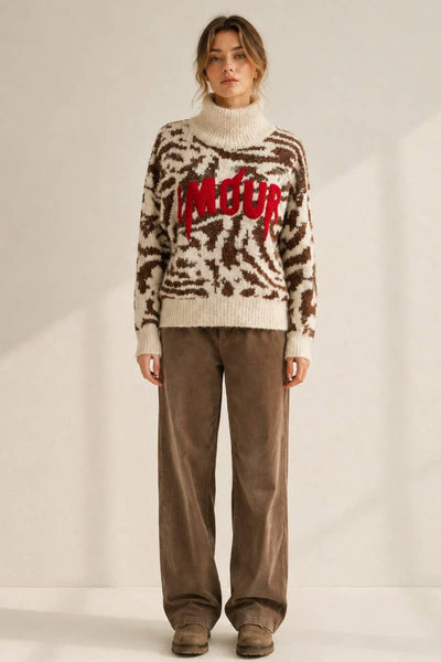 AMOUR ANIMAL KNIT SWEATER: IVORY/BROWN