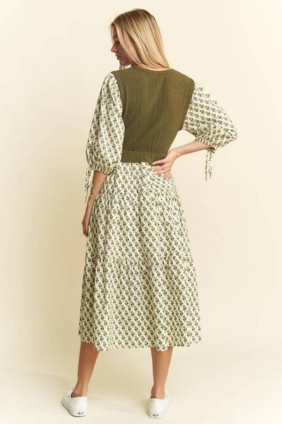 Floral Print Mixed Media Tiered Midi Dress : Olive / S - Lulu Bella Boutique