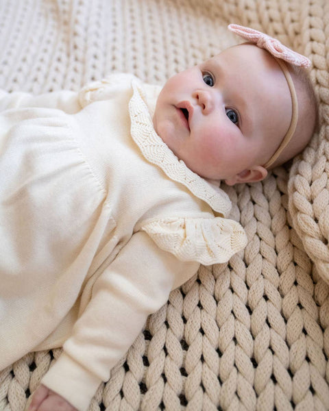 Milan Ruffle Collar Pointelle Knit Baby Dress - Organic: Cream