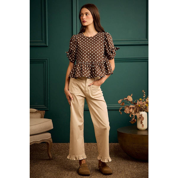 POLKA DOT BOW DETAIL SHORT SLEEVES PEPLUM TOP: BROWN/IVORY