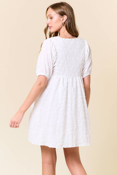 Jacquard V-Neck Puff Short Sleeve Mini Dress - 27982D: OFF WHITE / S - Lulu Bella Boutique