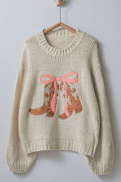 Cowboy Boots and Coquette Bow Sweater : TAUPE