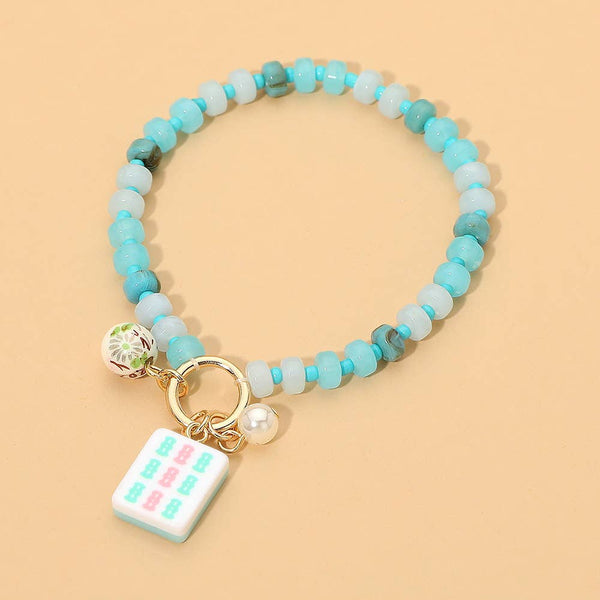 Mahjong Tile Charm Pearl Floral Bead Ball Accent Beaded Stretch Bracelet: Blue,Gold - Lulu Bella Boutique