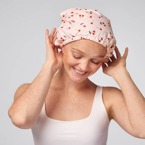 Satin-Lined Flexi Shower Cap - Cherry Print - Lulu Bella Boutique