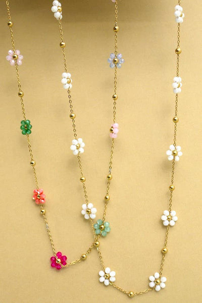 SUMMER MULTI BEADED FLOWER CHARM NECKLACE | 40NK308: White - Lulu Bella Boutique