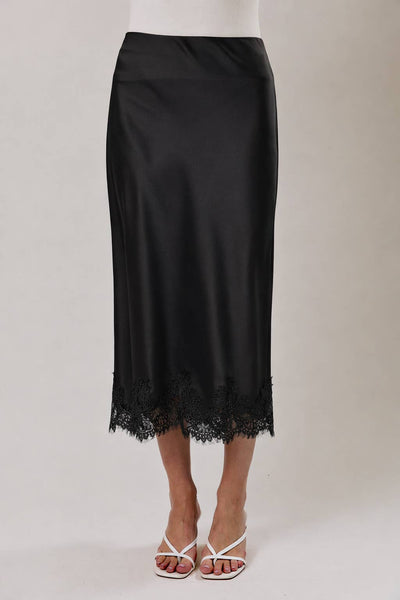 LACE APPLIQUE SATIN BIAS MIDI SKIRT: Black / S - Lulu Bella Boutique