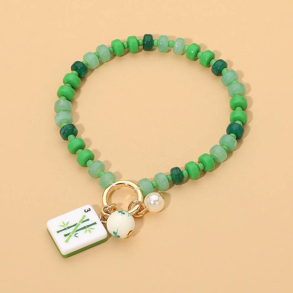 Mahjong Tile Charm Pearl Floral Bead Ball Accent Beaded Stretch Bracelet: Gold,Orange - Lulu Bella Boutique
