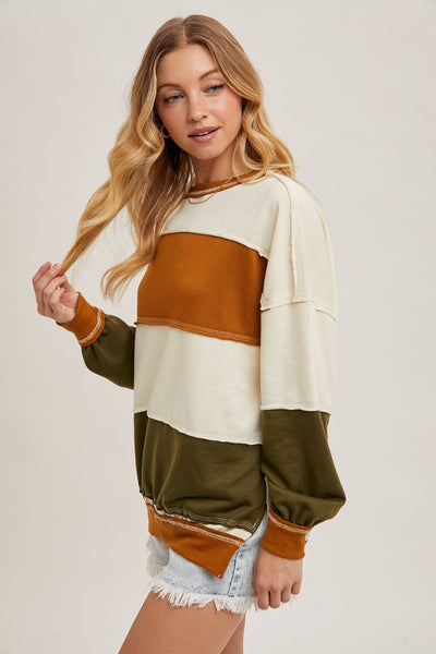 COLOR BLOCK KNIT SWEATSHIRT PULLOVER: CAMEL/OLIVE / L