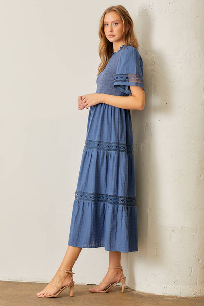 Smocked Bodice Maxi Dress W/ Lace Trim - Lulu Bella Boutique