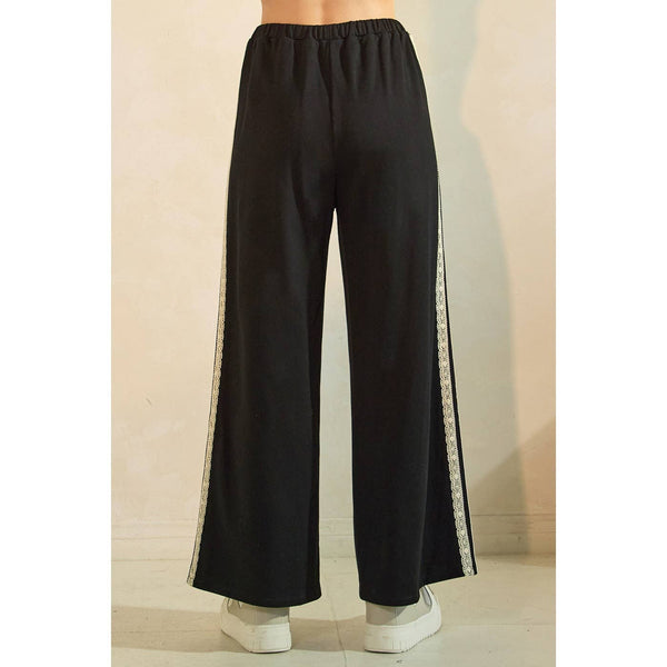 LACE STRIPED ELASTIC WAIST TERRY SWEATPANTS: BLACK / S-M-L(2-2-2) - Lulu Bella Boutique