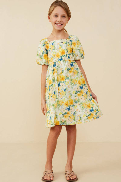Girls Garden Floral Print Puff Sleeve Dress: Yellow / S - Lulu Bella Boutique