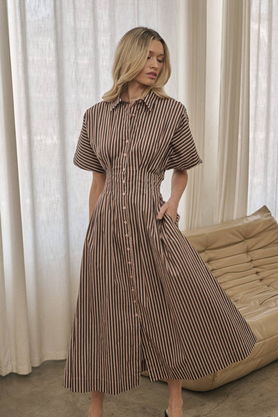 Barkline Stripe Wilderra Pleated Midi Dress: BrownMulti / XS - Lulu Bella Boutique