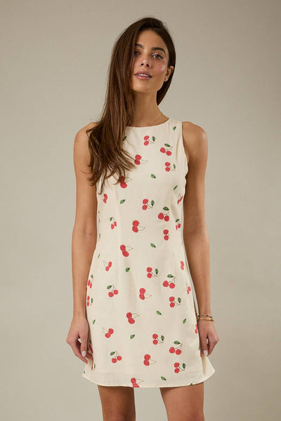 BOAT NECK SLEEVELESS CHERRY PRINTED MINI DRESS: CREAM-MULTI / S - Lulu Bella Boutique