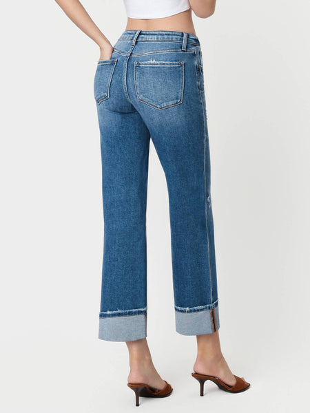 HIGH RISE MEDIUM DARK WASH CUFFED SLIM WIDE JEANS F5992: DARK STONE / 26 - Lulu Bella Boutique
